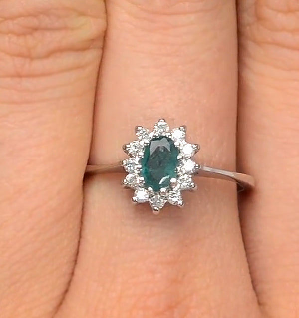 Emerald 6 x 4mm And Diamond 9K White Gold Ring